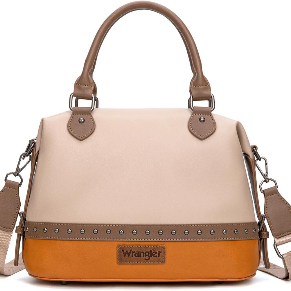 Tan Wrangler Western-Style Two-Tone Vegan Leather Satchel & Crossbody Bag for Wo